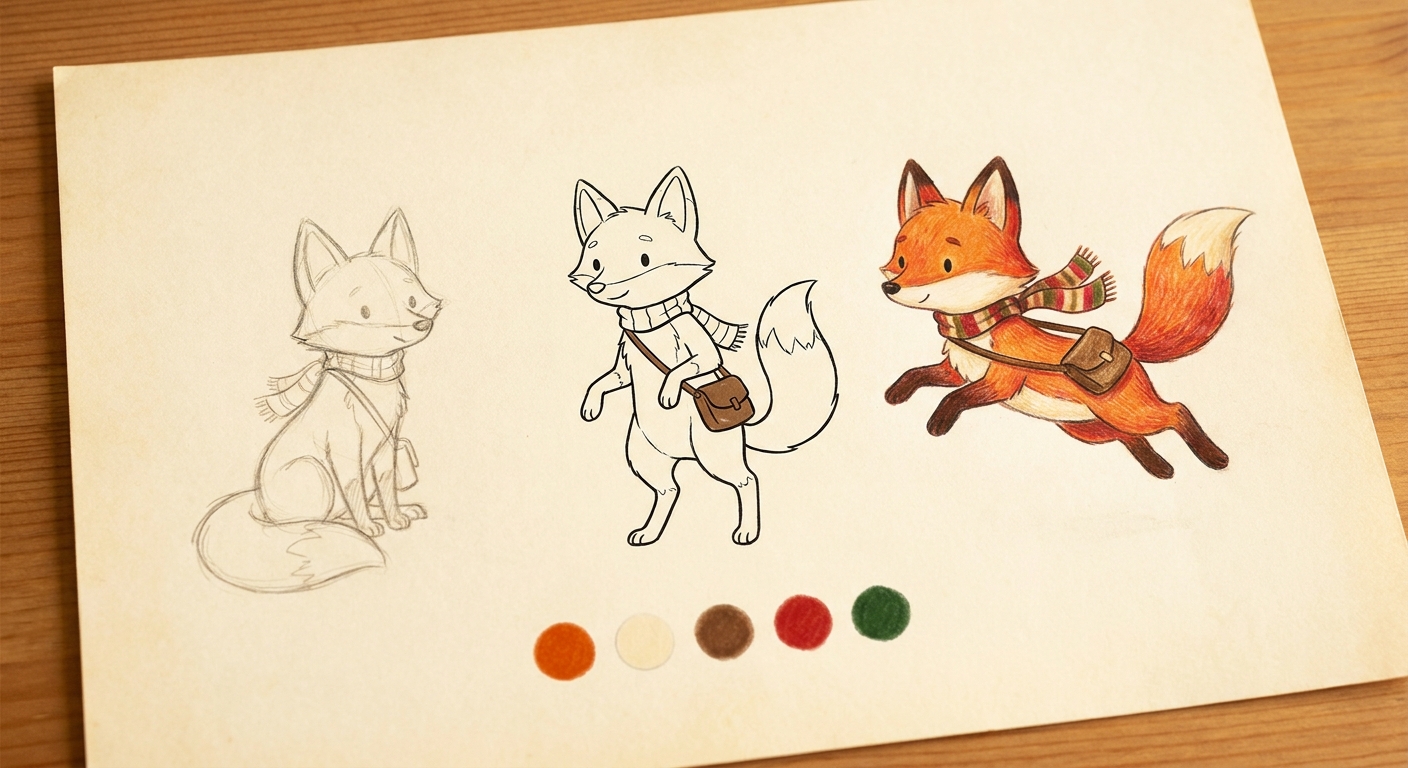 A character design sheet of a fox adventurer, from sketch to color