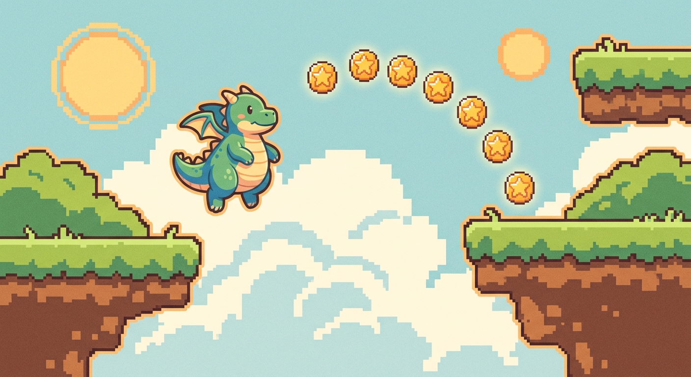 A kid-made platformer game: a small dragon jumping between floating islands
