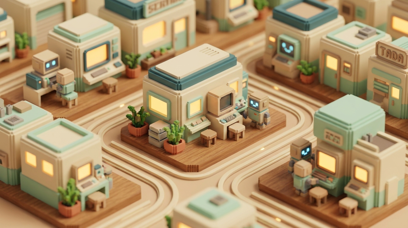 A miniature town of tiny friendly machines with warm glowing windows